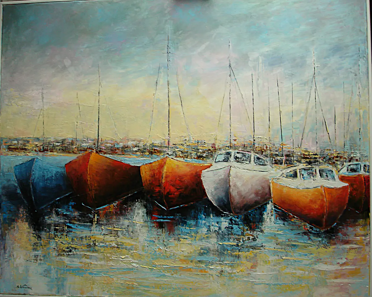 Båthamnen – Oil – Landscape – 103×84 cm by Stig Karlsson