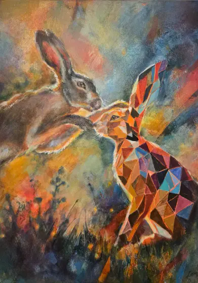 Harmoni i Skymningen: Geometriska Harar i Samspel – Acrylic by Lana Blink