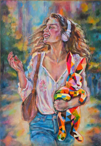 Lekfull Harmoni: Flicka med Färgglad Kanin – Acrylic by Lana Blink