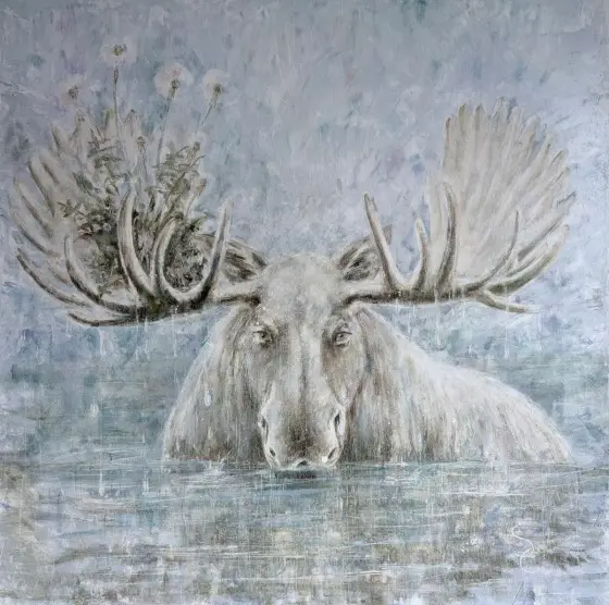 Vild juli | Vit älg och maskrosor - Olja av Selene Caspian
