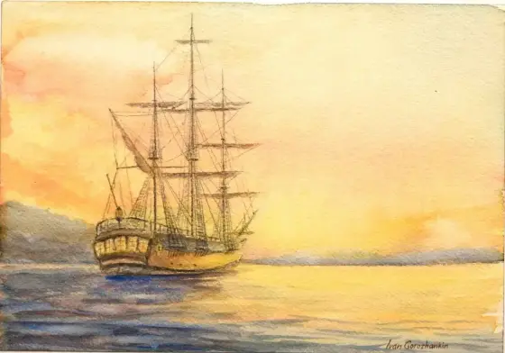 Skepp i solnedgång – Watercolor by Ivan Gorozhankin