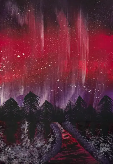 Norrsken på röd natthimmel. - Acryl door Ann-Christin (Acmpainting) Martinsson