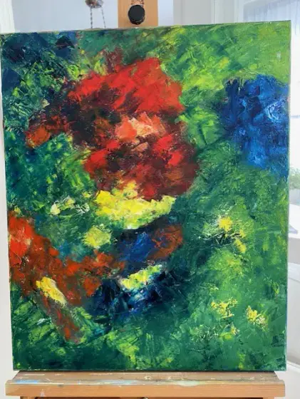 Grönskande Abstraktion: Röd och Blå i Samklang – Oil by Ingeborg Blomfeldt