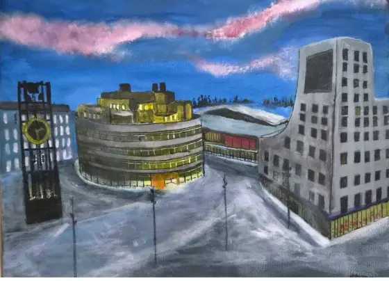Norrsken över Kiruna nya centrum, – Acrylic by Håkan Siggemo