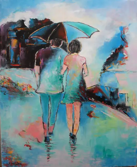 Promenad under Paraply – Oil by Stig Karlsson