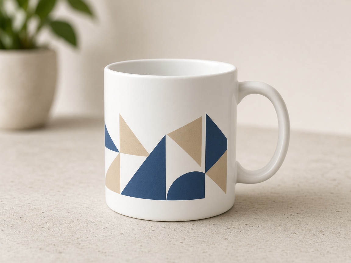 White mug with a fired ceramic decal pattern